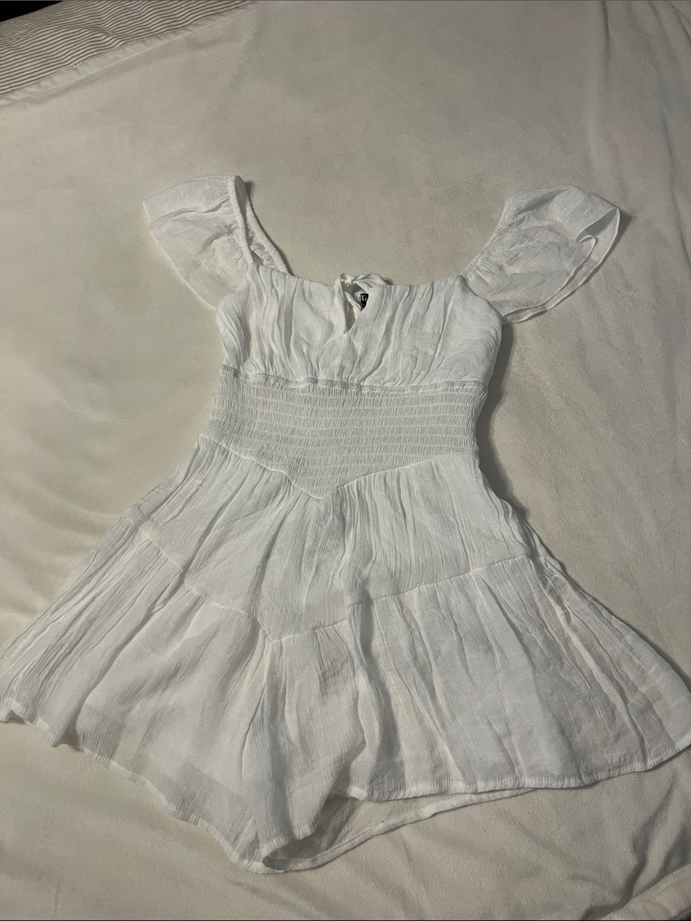 White Smocked Waist Flutter Sleeve Romper